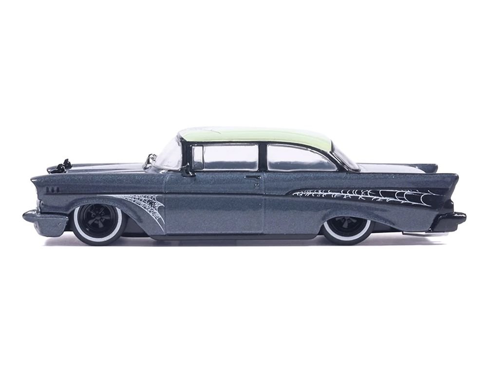 1957 Chevrolet Bel Air Lowrider Gray Metallic with Light Green Top and Halloween Graphics 1/64 Diecast Model Car by IXO Models view 2
