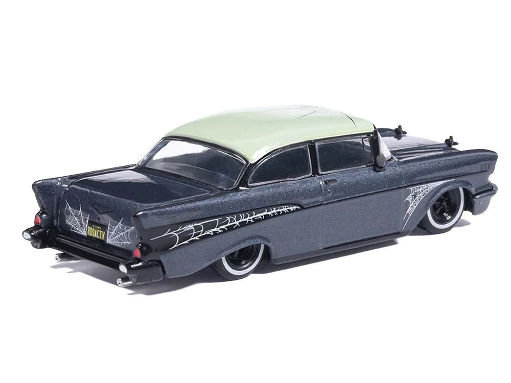 1957 Chevrolet Bel Air Lowrider Gray Metallic with Light Green Top and Halloween Graphics 1/64 Diecast Model Car by IXO Models view 3