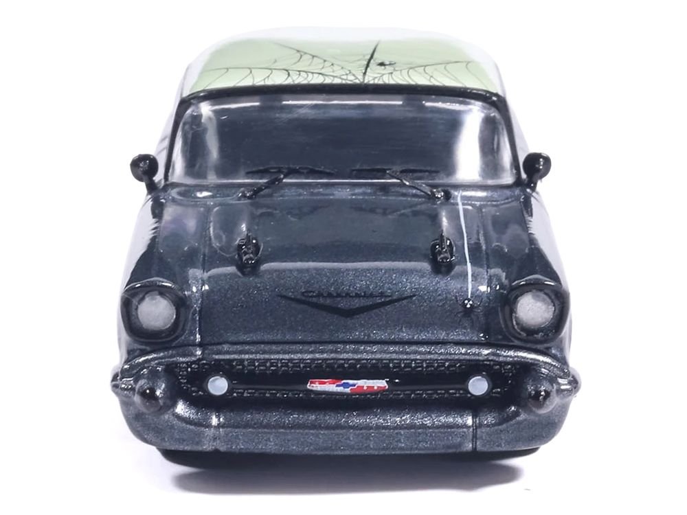 1957 Chevrolet Bel Air Lowrider Gray Metallic with Light Green Top and Halloween Graphics 1/64 Diecast Model Car by IXO Models view 4