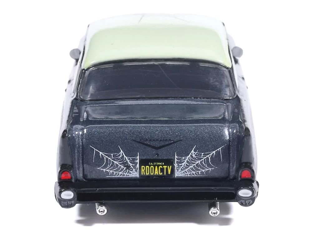 1957 Chevrolet Bel Air Lowrider Gray Metallic with Light Green Top and Halloween Graphics 1/64 Diecast Model Car by IXO Models view 5