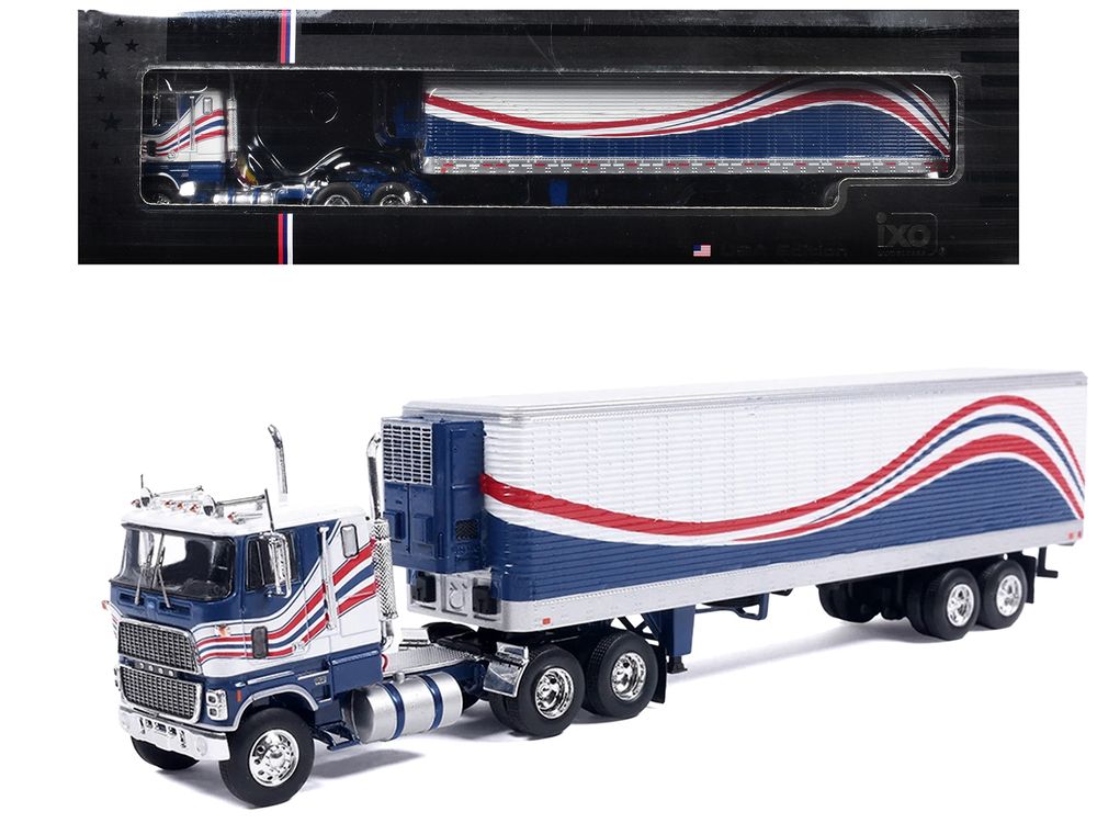 1976 Ford CL 9000 Truck with Refrigerated Trailer Blue and White with Stripes 1/64 Diecast Model Car by IXO Models
