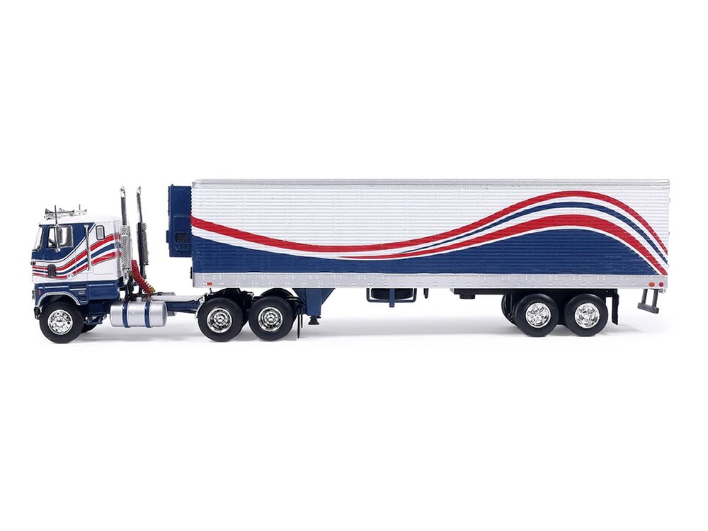 1976 Ford CL 9000 Truck with Refrigerated Trailer Blue and White with Stripes 1/64 Diecast Model Car by IXO Models view 2