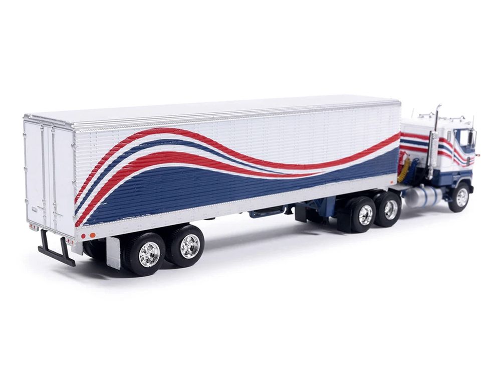 1976 Ford CL 9000 Truck with Refrigerated Trailer Blue and White with Stripes 1/64 Diecast Model Car by IXO Models view 3