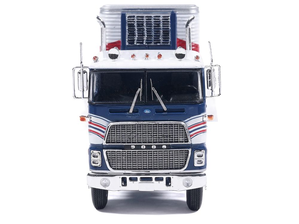 1976 Ford CL 9000 Truck with Refrigerated Trailer Blue and White with Stripes 1/64 Diecast Model Car by IXO Models view 4