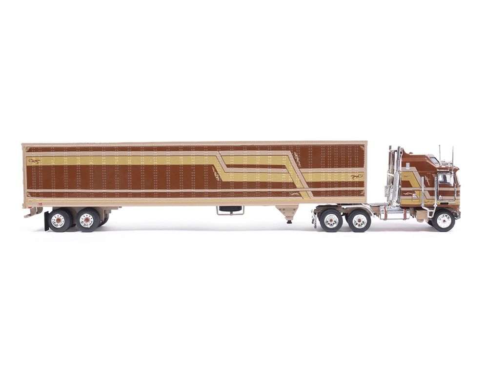 1976 Kenworth K100 Aerodyne Truck with Modern Trailer Brown with Tan and Gold Stripes 1/64 Diecast Model Car by IXO Models view 2