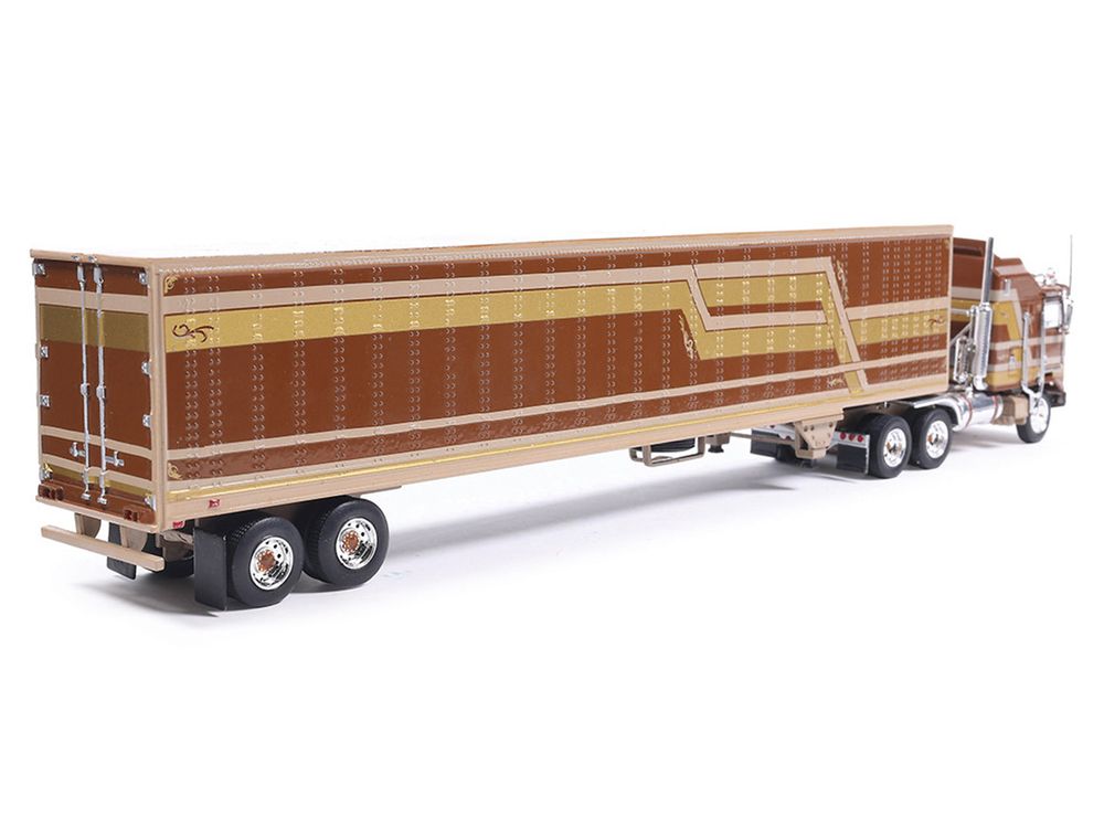 1976 Kenworth K100 Aerodyne Truck with Modern Trailer Brown with Tan and Gold Stripes 1/64 Diecast Model Car by IXO Models view 3