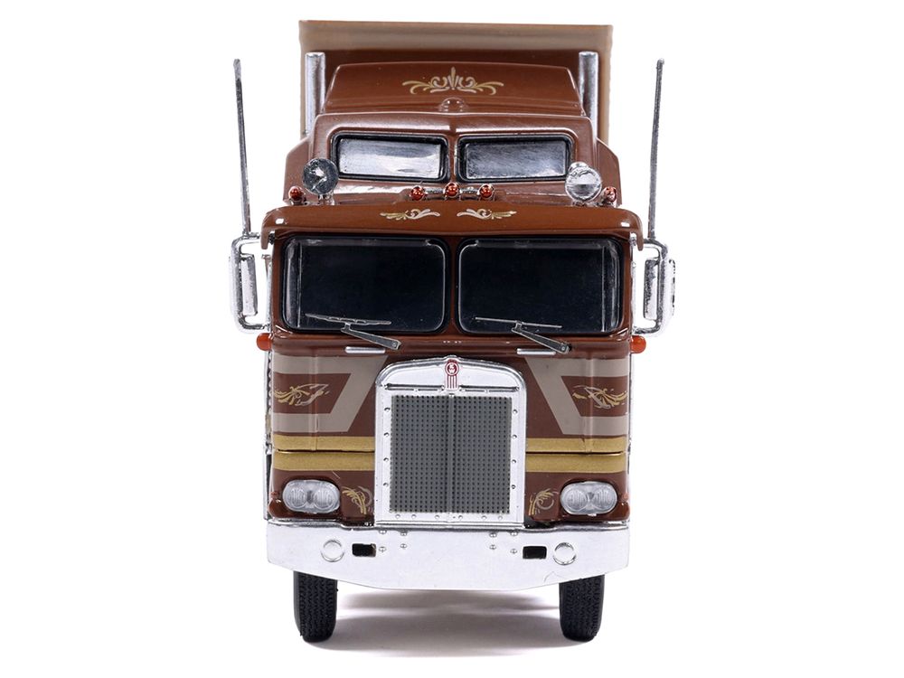 1976 Kenworth K100 Aerodyne Truck with Modern Trailer Brown with Tan and Gold Stripes 1/64 Diecast Model Car by IXO Models view 4