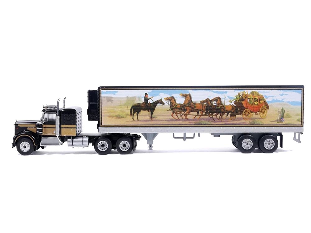 Kenworth W900 Truck with Refrigerated Trailer Black with Tan Stripes and Trailer Graphics 1/64 Diecast Model Car by IXO Models view 2