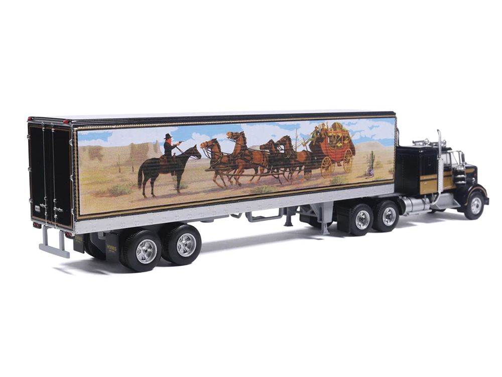 Kenworth W900 Truck with Refrigerated Trailer Black with Tan Stripes and Trailer Graphics 1/64 Diecast Model Car by IXO Models view 3