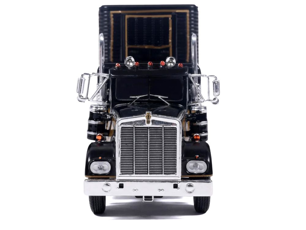Kenworth W900 Truck with Refrigerated Trailer Black with Tan Stripes and Trailer Graphics 1/64 Diecast Model Car by IXO Models view 4