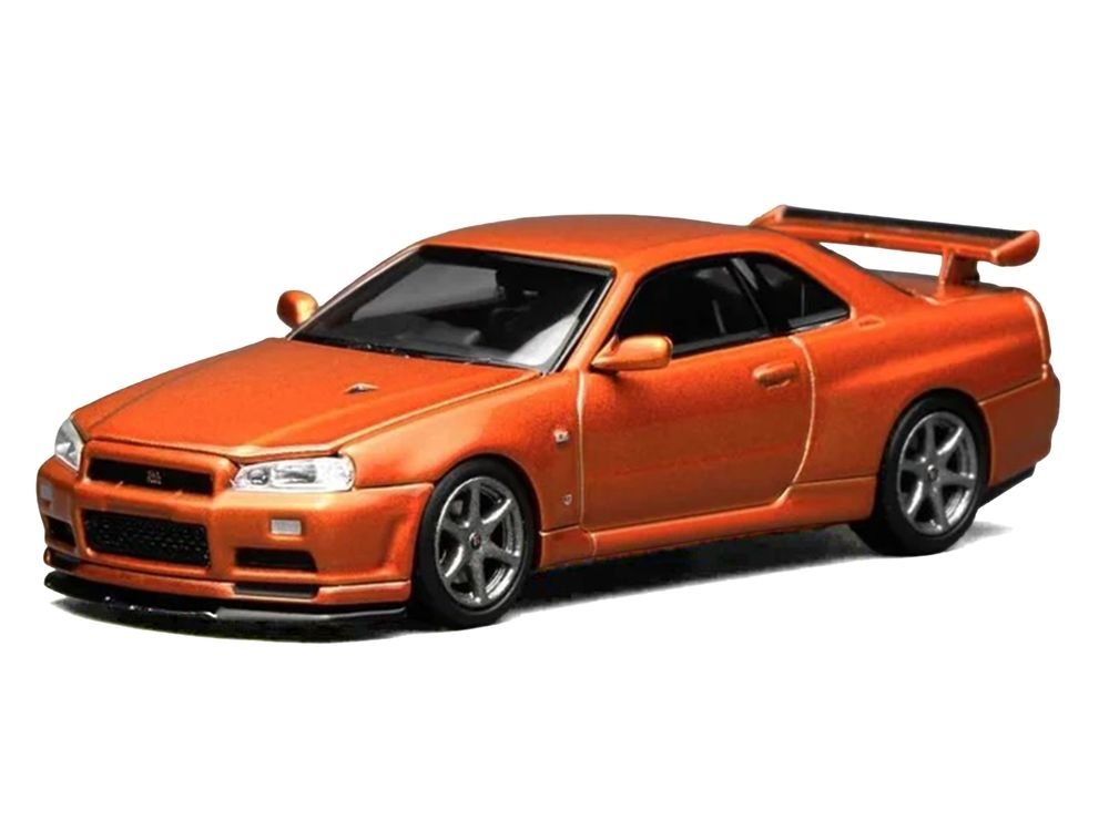 Nissan Skyline GT-R (R34) V-Spec II RHD (Right Hand Drive) Orange Metallic "Senior 64" Series 1/64 Diecast Model Car by MotorHelix view 2
