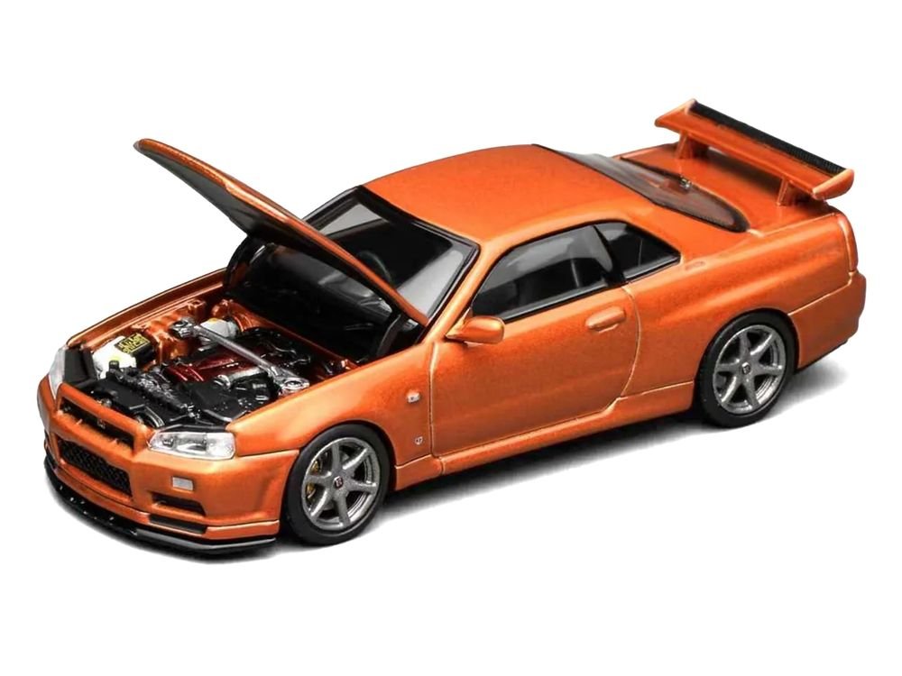 Nissan Skyline GT-R (R34) V-Spec II RHD (Right Hand Drive) Orange Metallic "Senior 64" Series 1/64 Diecast Model Car by MotorHelix view 3
