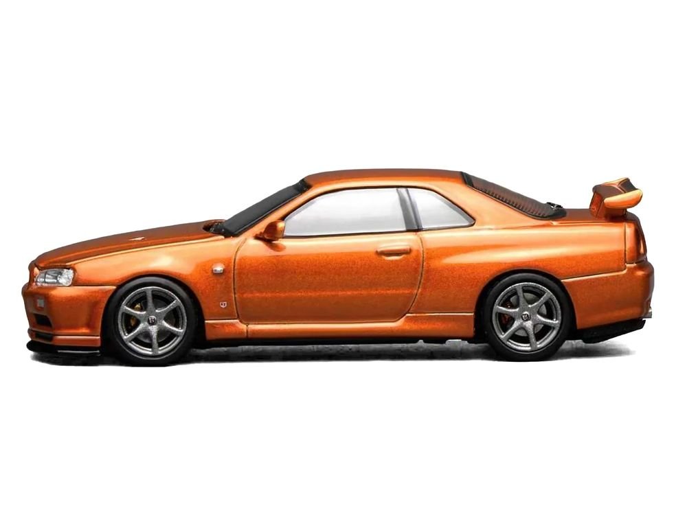 Nissan Skyline GT-R (R34) V-Spec II RHD (Right Hand Drive) Orange Metallic "Senior 64" Series 1/64 Diecast Model Car by MotorHelix view 4