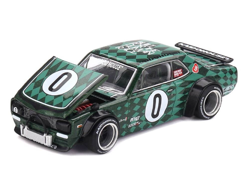 Nissan Skyline 2000GT-R (KPGC10) RHD (Right Hand Drive) #0 "Cortez V1" Green with Graphics (Designed by Jun Imai) "Kaido House" Special 1/64 Diecast Model Car by Mini GT view 2