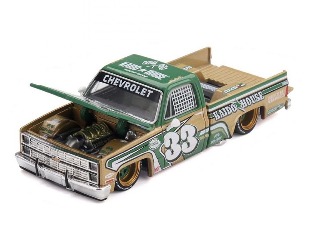 Chevrolet Silverado Pickup Truck #33 "Kaido Intimidator V2" Green and Gold with Graphics (Designed by Jun Imai) "Kaido House" Special 1/64 Diecast Model Car by Mini GT view 2