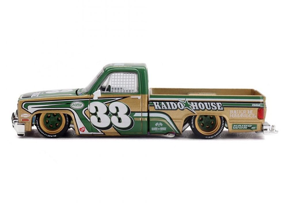 Chevrolet Silverado Pickup Truck #33 "Kaido Intimidator V2" Green and Gold with Graphics (Designed by Jun Imai) "Kaido House" Special 1/64 Diecast Model Car by Mini GT view 3