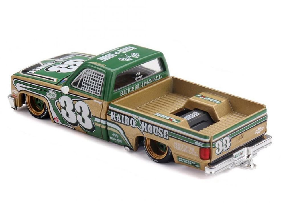 Chevrolet Silverado Pickup Truck #33 "Kaido Intimidator V2" Green and Gold with Graphics (Designed by Jun Imai) "Kaido House" Special 1/64 Diecast Model Car by Mini GT view 4