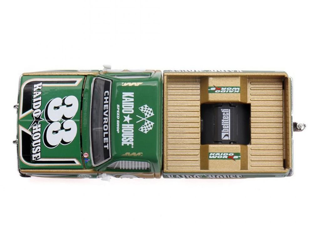 Chevrolet Silverado Pickup Truck #33 "Kaido Intimidator V2" Green and Gold with Graphics (Designed by Jun Imai) "Kaido House" Special 1/64 Diecast Model Car by Mini GT view 5
