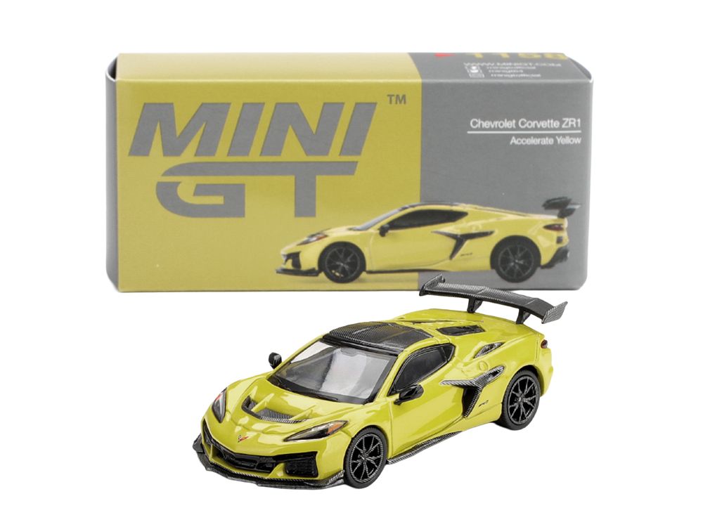 Chevrolet Corvette ZR1 Accelerate Yellow with Carbon Top Limited Edition 1/64 Diecast Model Car by Mini GT view 5