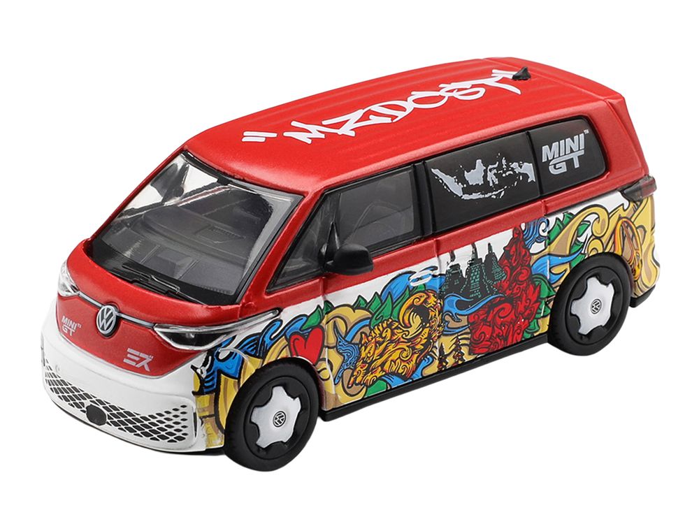 Volkswagen ID. Buzz Van "Mizu Design" Red and White with Graphics Limited Edition 1/64 Diecast Model Car by Mini GT view 2