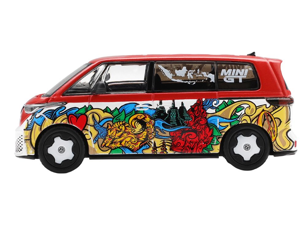 Volkswagen ID. Buzz Van "Mizu Design" Red and White with Graphics Limited Edition 1/64 Diecast Model Car by Mini GT view 3