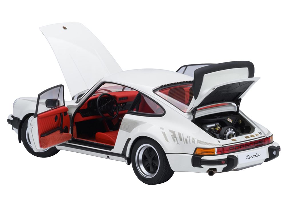 Porsche 911 Turbo 3.0 (930) Grand Prix White with Turbo Stripes and Red Interior 1/18 Model Car by Autoart view 3
