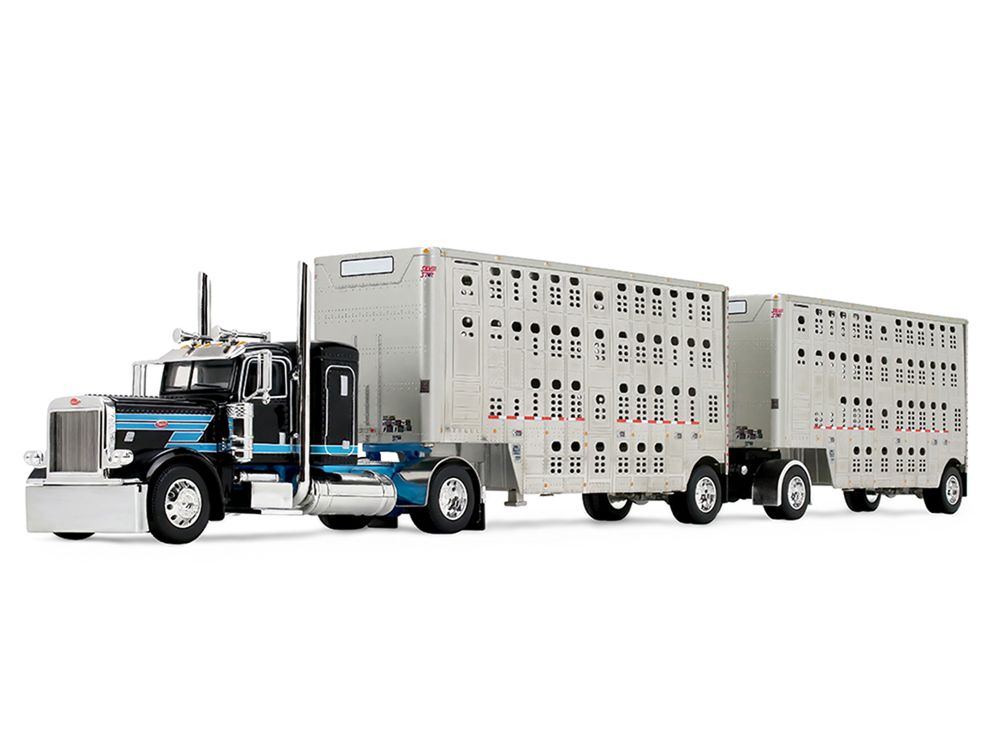 Peterbilt 389 with 36" Flat Top Sleeper and 28' Wilson Silverstar Double Livestock Trailers Black with Cyan Stripes 1/64 Diecast Model by First Gear view 2