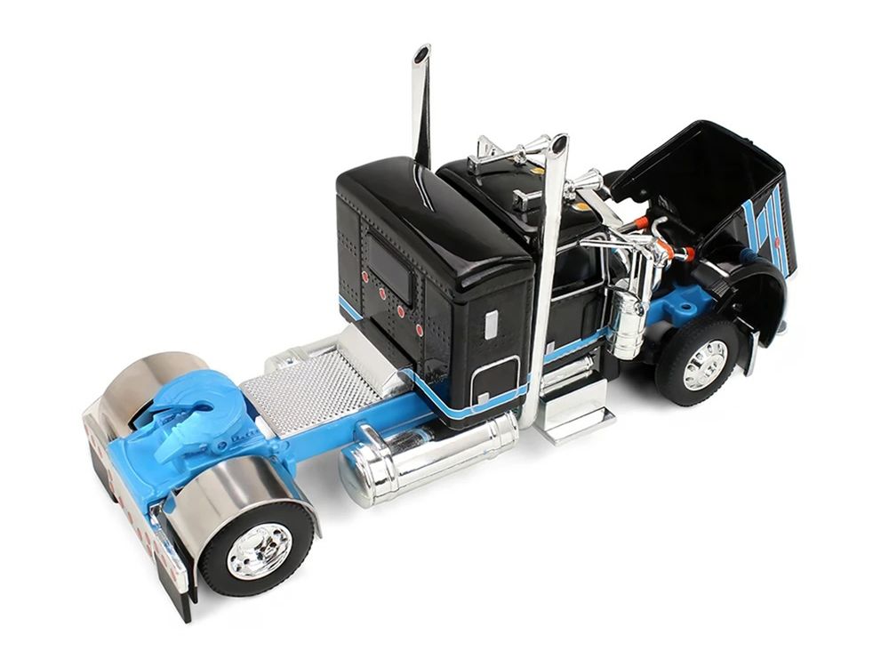 Peterbilt 389 with 36" Flat Top Sleeper and 28' Wilson Silverstar Double Livestock Trailers Black with Cyan Stripes 1/64 Diecast Model by First Gear view 3
