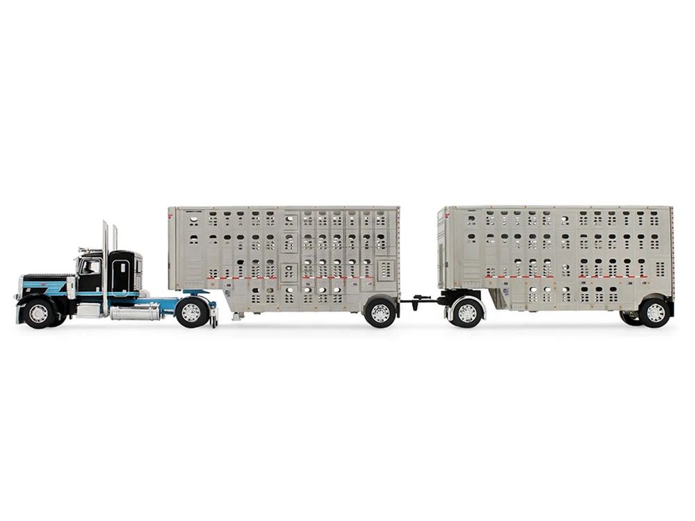 Peterbilt 389 with 36" Flat Top Sleeper and 28' Wilson Silverstar Double Livestock Trailers Black with Cyan Stripes 1/64 Diecast Model by First Gear view 4