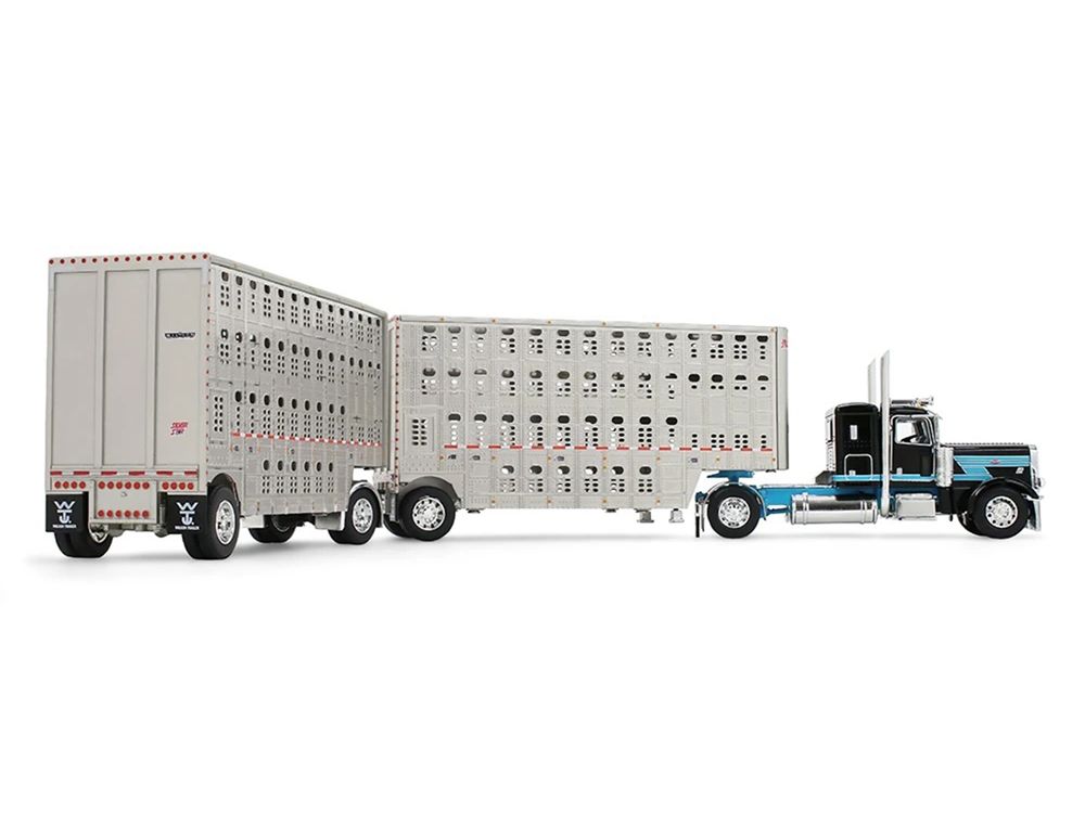 Peterbilt 389 with 36" Flat Top Sleeper and 28' Wilson Silverstar Double Livestock Trailers Black with Cyan Stripes 1/64 Diecast Model by First Gear view 5