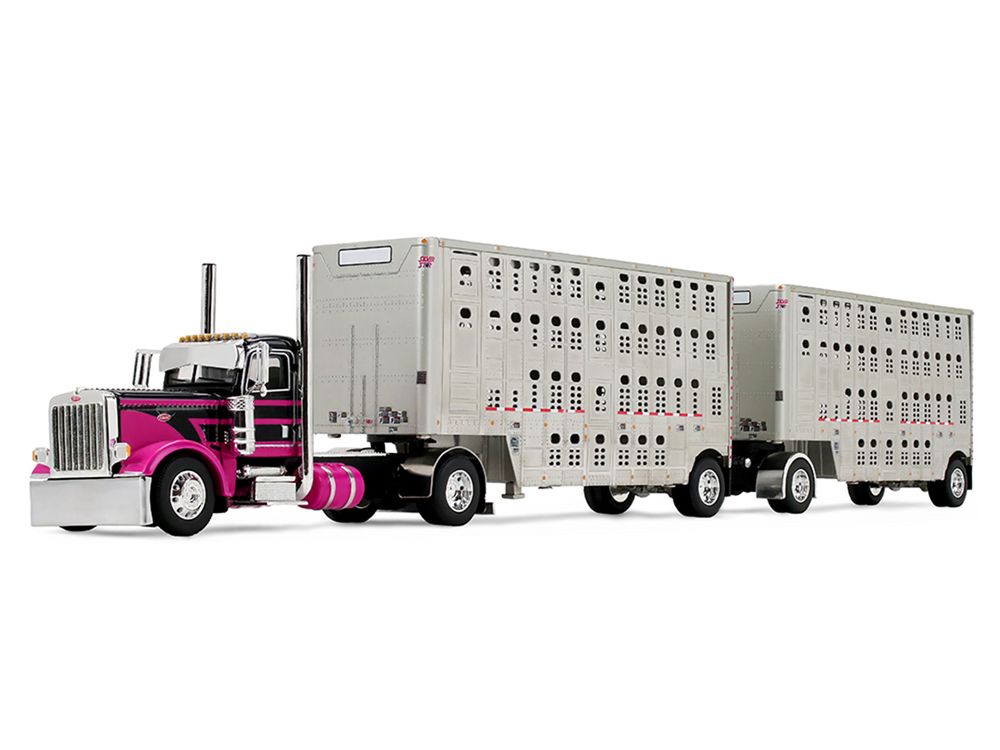 Peterbilt 389 Day Cab and 28' Wilson Silverstar Double Livestock Trailers Black with Magenta Stripes 1/64 Diecast Model by First Gear view 2