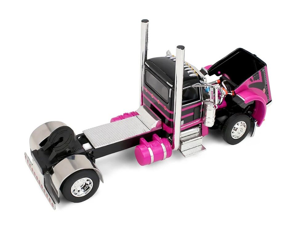 Peterbilt 389 Day Cab and 28' Wilson Silverstar Double Livestock Trailers Black with Magenta Stripes 1/64 Diecast Model by First Gear view 3