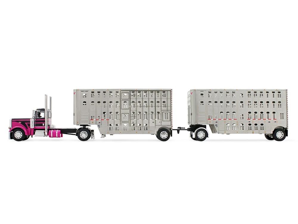 Peterbilt 389 Day Cab and 28' Wilson Silverstar Double Livestock Trailers Black with Magenta Stripes 1/64 Diecast Model by First Gear view 4