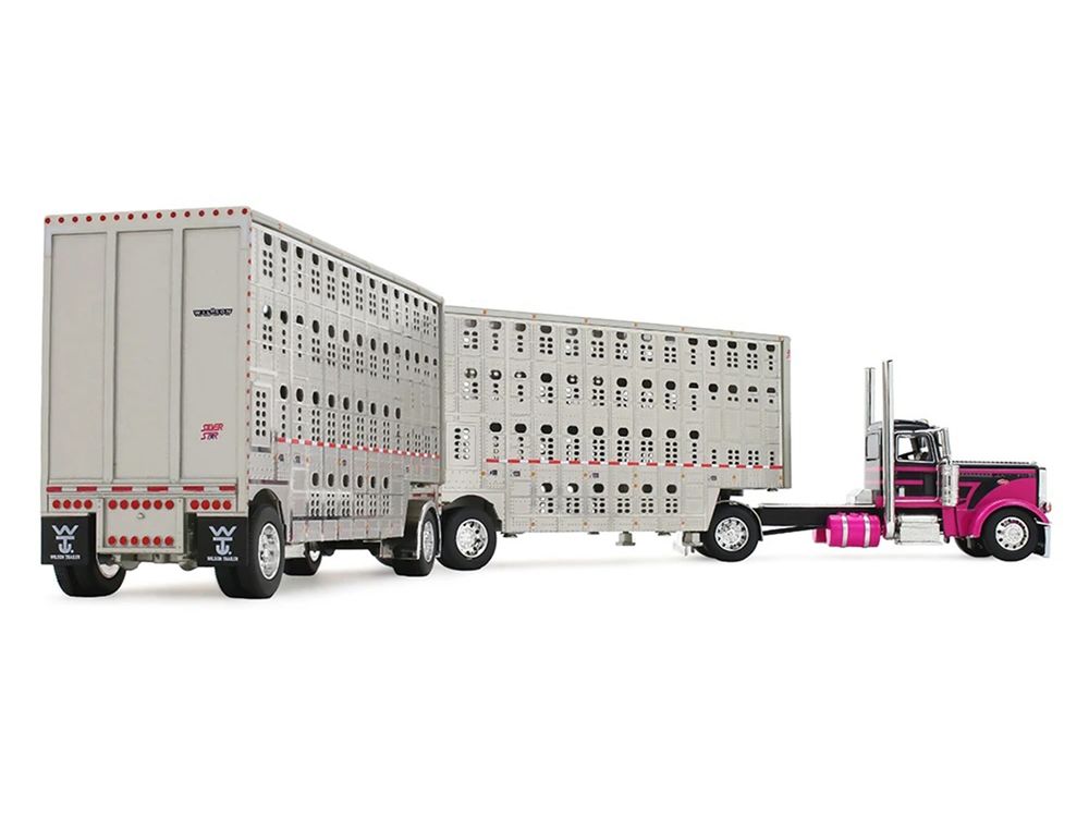 Peterbilt 389 Day Cab and 28' Wilson Silverstar Double Livestock Trailers Black with Magenta Stripes 1/64 Diecast Model by First Gear view 5