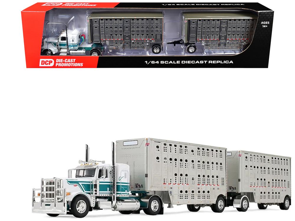 Peterbilt 389 with 36" Flat Top Sleeper and 28' Wilson Silverstar Double Livestock Trailers White with Dark Teal Stripes 1/64 Diecast Model by First Gear