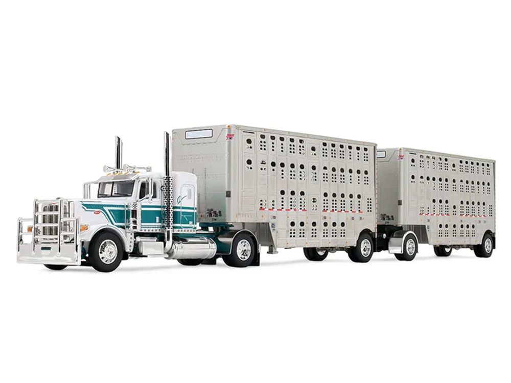 Peterbilt 389 with 36" Flat Top Sleeper and 28' Wilson Silverstar Double Livestock Trailers White with Dark Teal Stripes 1/64 Diecast Model by First Gear view 2