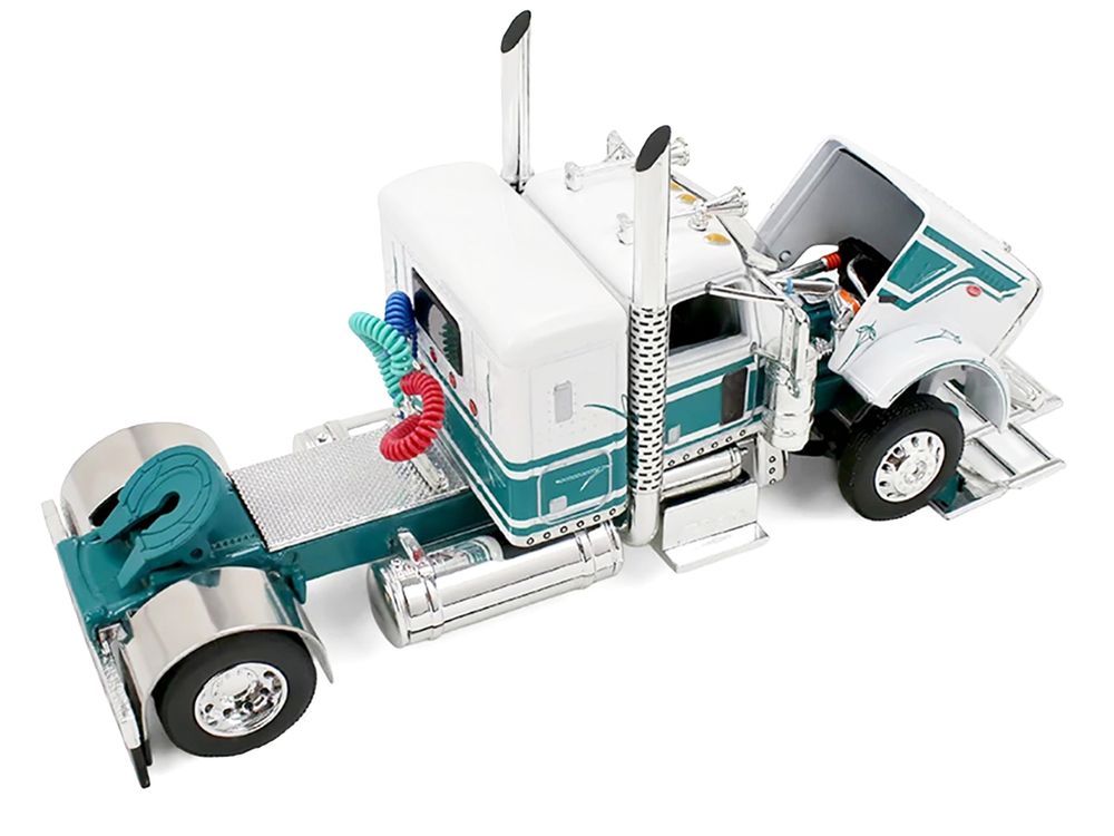 Peterbilt 389 with 36" Flat Top Sleeper and 28' Wilson Silverstar Double Livestock Trailers White with Dark Teal Stripes 1/64 Diecast Model by First Gear view 3