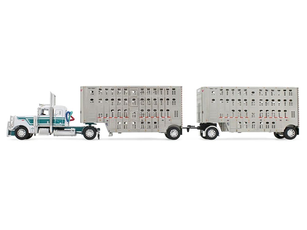 Peterbilt 389 with 36" Flat Top Sleeper and 28' Wilson Silverstar Double Livestock Trailers White with Dark Teal Stripes 1/64 Diecast Model by First Gear view 4