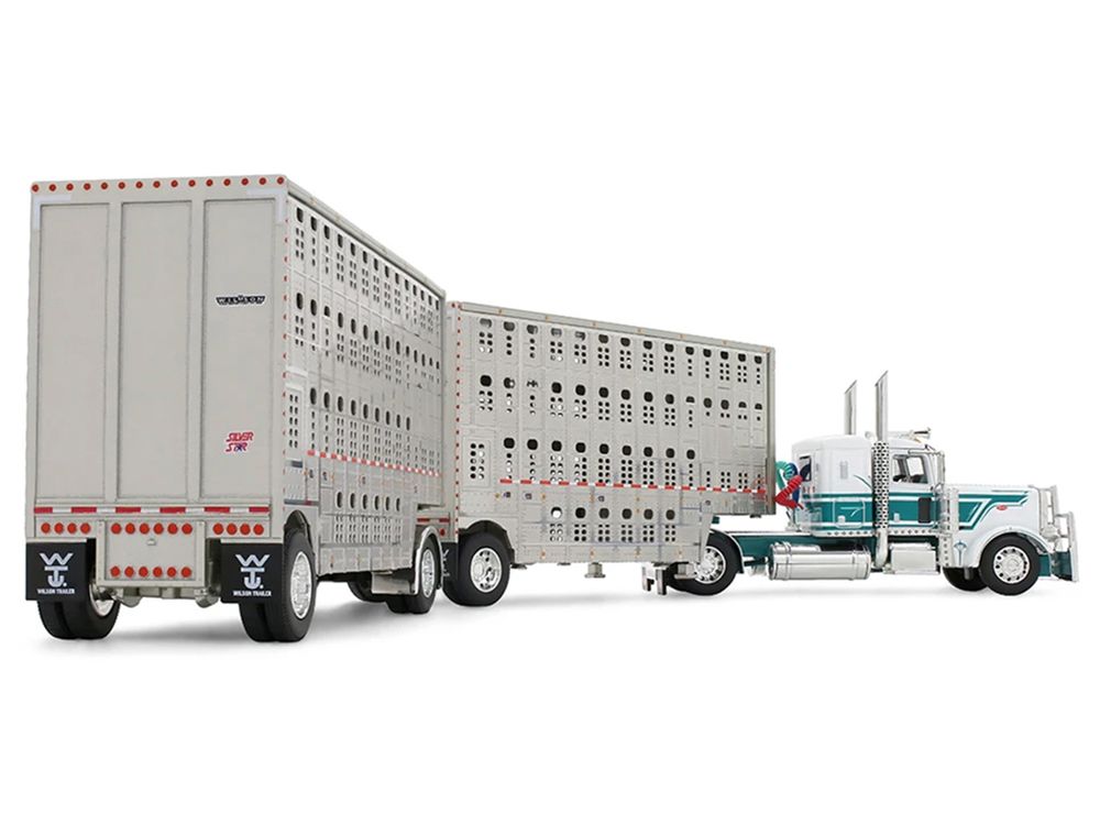 Peterbilt 389 with 36" Flat Top Sleeper and 28' Wilson Silverstar Double Livestock Trailers White with Dark Teal Stripes 1/64 Diecast Model by First Gear view 5