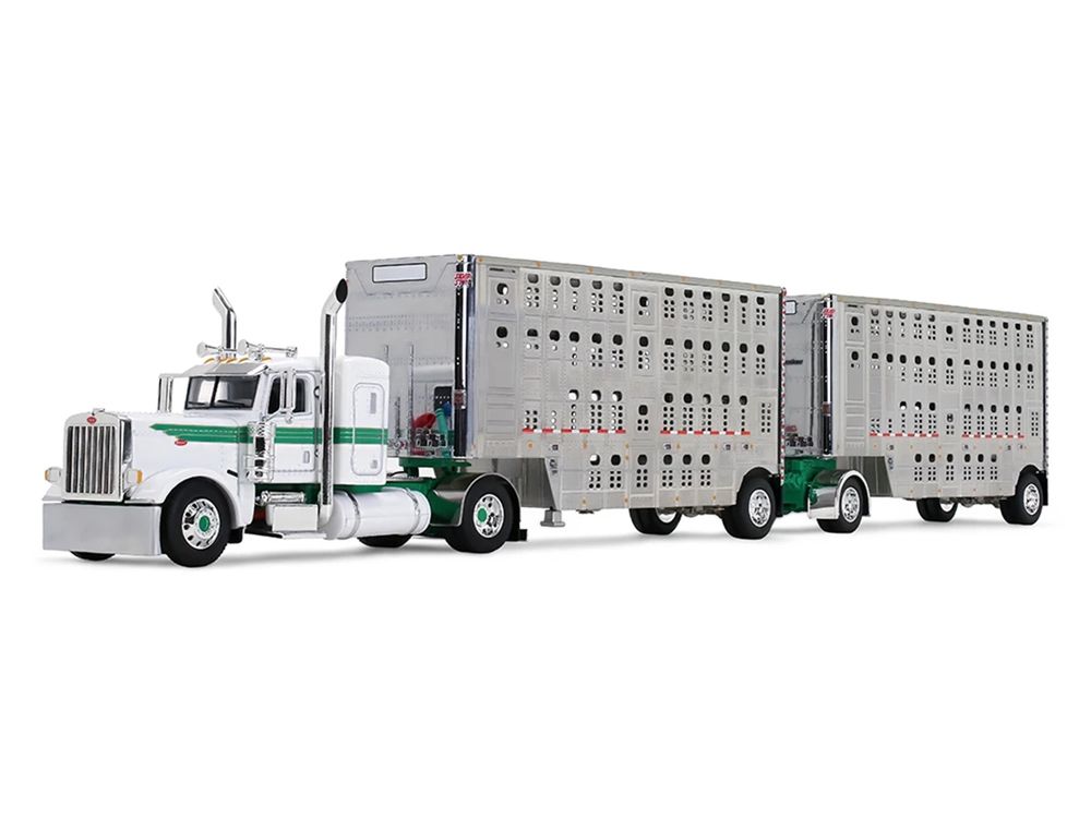 Peterbilt 389 with 36" Flat Top Sleeper and 28' Wilson Silverstar Double Livestock Trailers White with Green Stripes 1/64 Diecast Model by First Gear view 2
