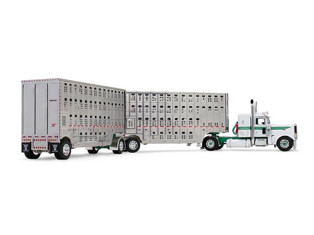 Peterbilt 389 with 36" Flat Top Sleeper and 28' Wilson Silverstar Double Livestock Trailers White with Green Stripes 1/64 Diecast Model by First Gear view 3