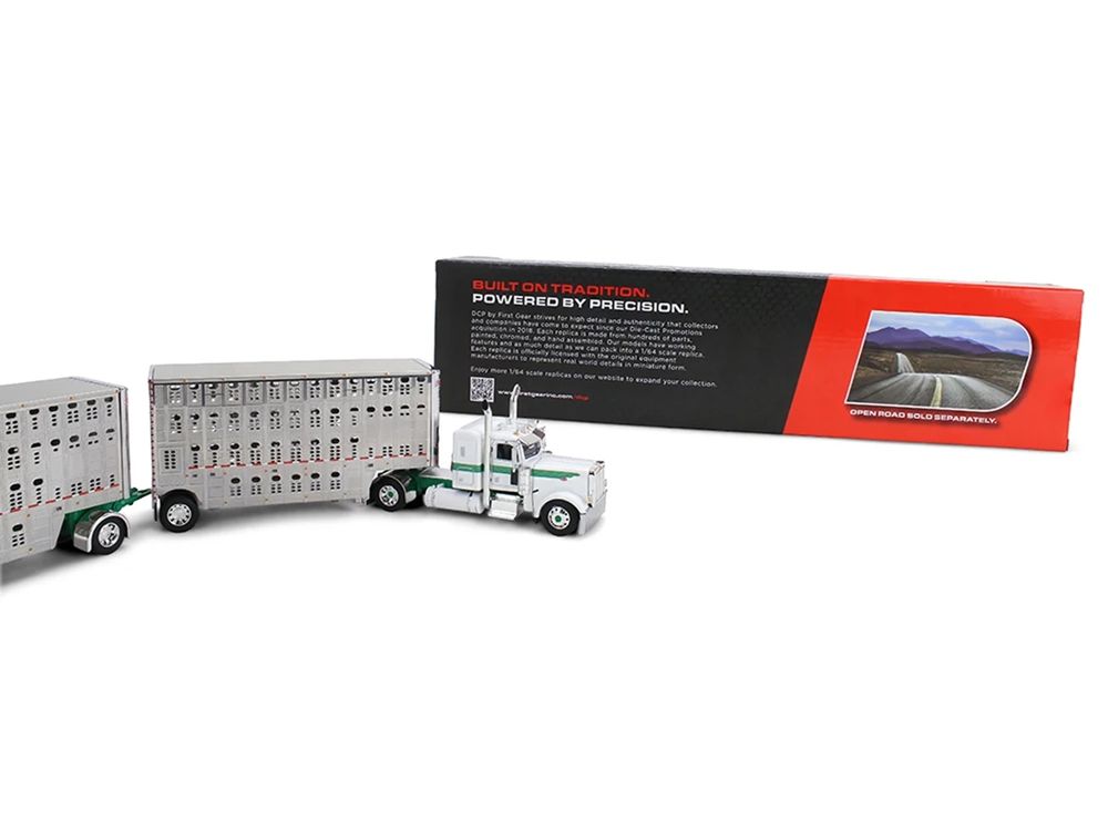 Peterbilt 389 with 36" Flat Top Sleeper and 28' Wilson Silverstar Double Livestock Trailers White with Green Stripes 1/64 Diecast Model by First Gear view 4