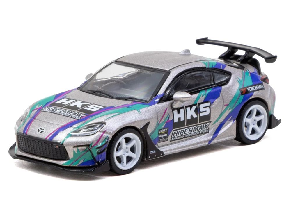 Toyota GR86 RHD (Right Hand Drive) "HKS" Gray Metallic with Graphics and Metal Oil Can Packaging "Global64" Series 1/64 Diecast Model Car by Tarmac Works view 2