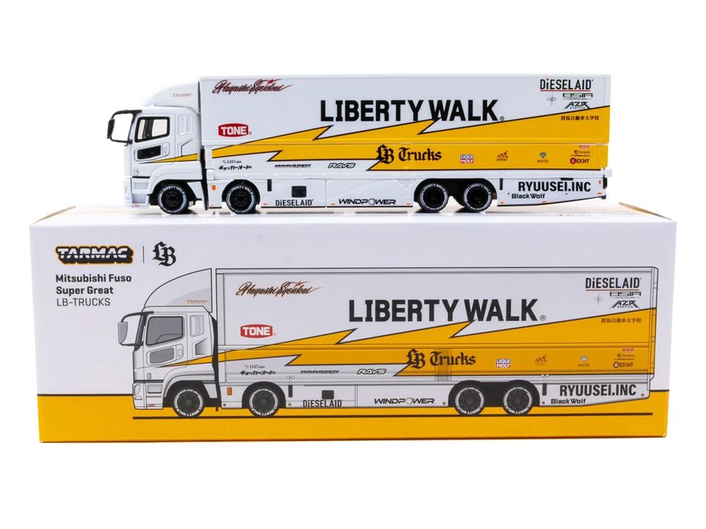 Mitsubishi Fuso Super Great Truck RHD (Right Hand Drive) with Transporter "Liberty Walk" White with Yellow Graphics "Truck64" Series 1/64 Diecast Model Car by Tarmac Works view 4