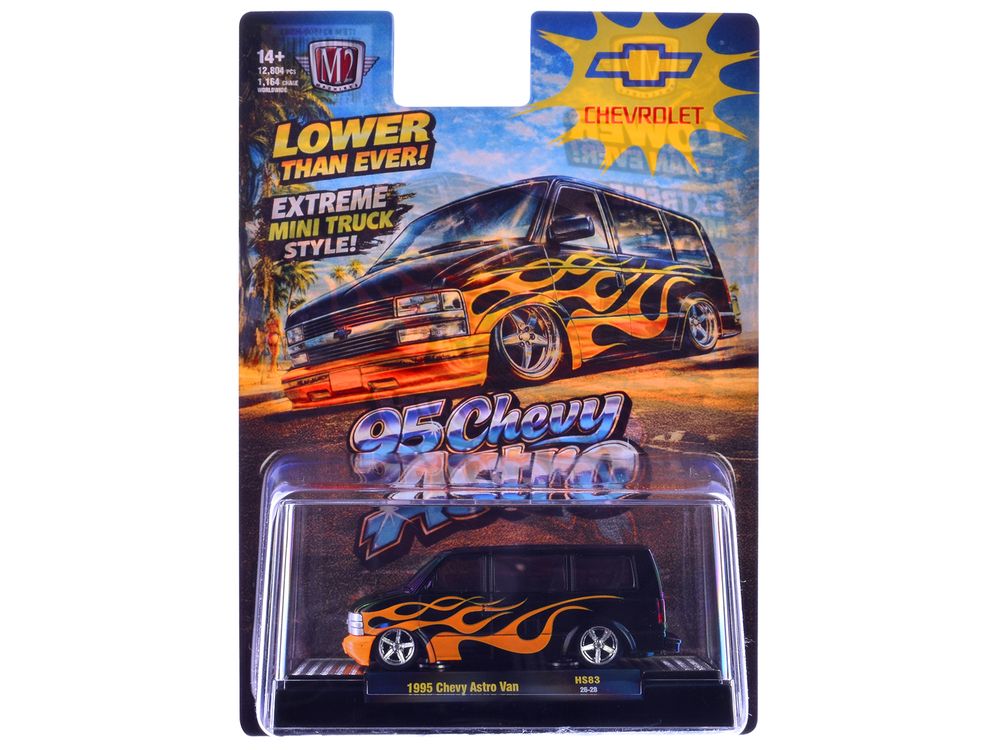 1995 Chevrolet Astro Van Black with Orange Flames Limited Edition to 12804 pieces Worldwide 1/64 Diecast Model Car by M2 Machines view 3