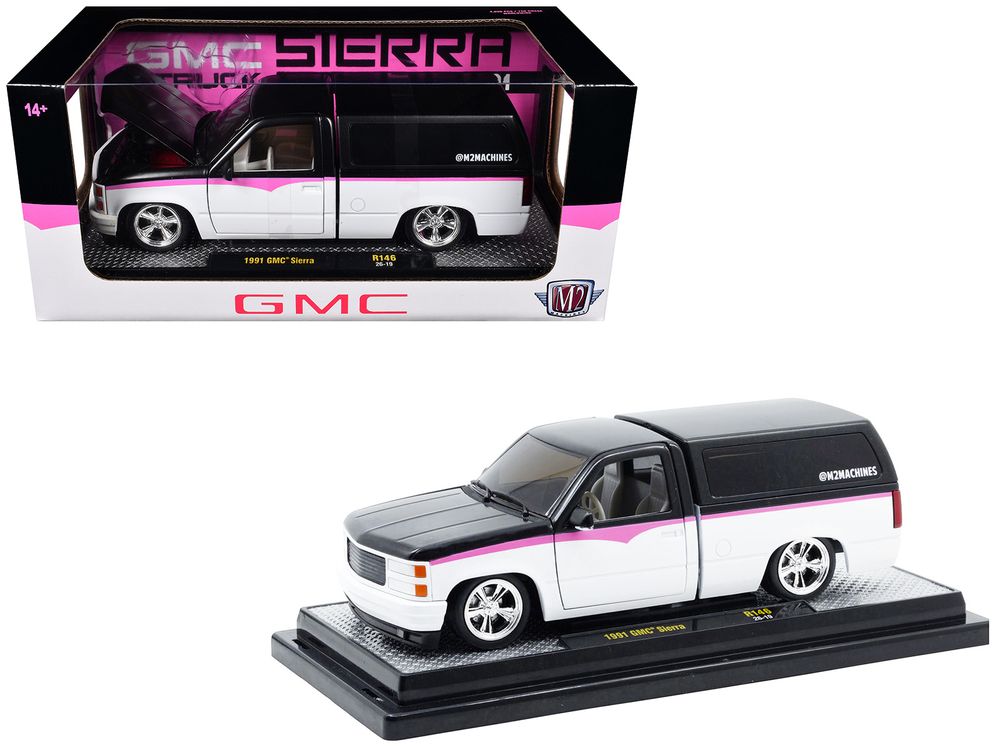 1991 GMC Sierra Pickup Truck with Camper Shell Black and White with Pink Stripes Limited Edition to 4850 pieces Worldwide 1/24 Diecast Model Car by M2 Machines