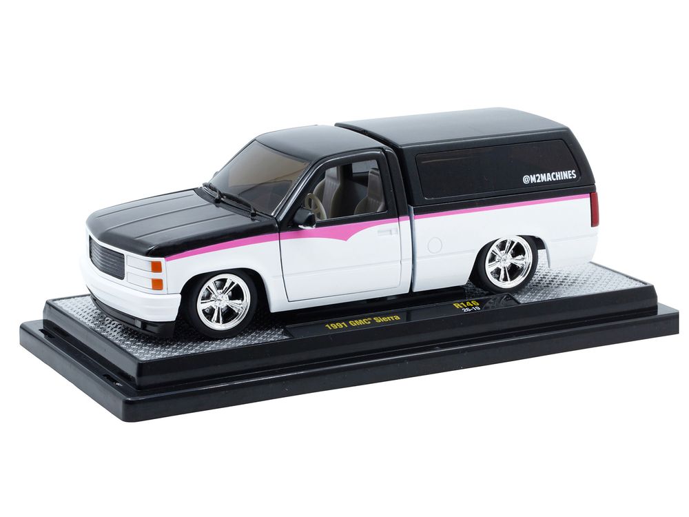 1991 GMC Sierra Pickup Truck with Camper Shell Black and White with Pink Stripes Limited Edition to 4850 pieces Worldwide 1/24 Diecast Model Car by M2 Machines view 2