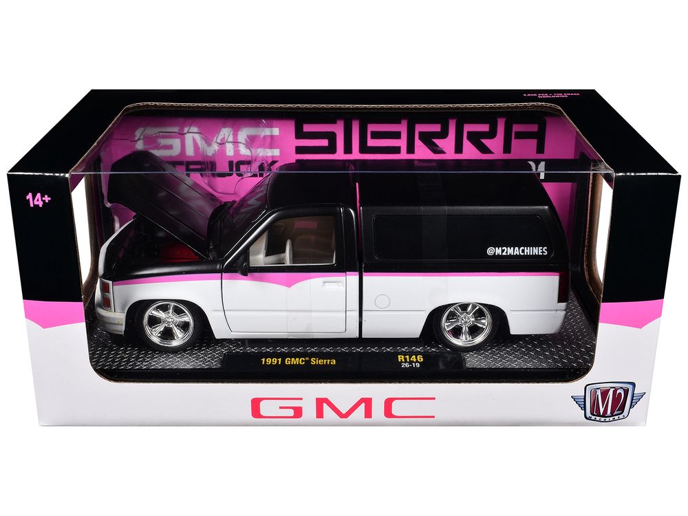 1991 GMC Sierra Pickup Truck with Camper Shell Black and White with Pink Stripes Limited Edition to 4850 pieces Worldwide 1/24 Diecast Model Car by M2 Machines view 3