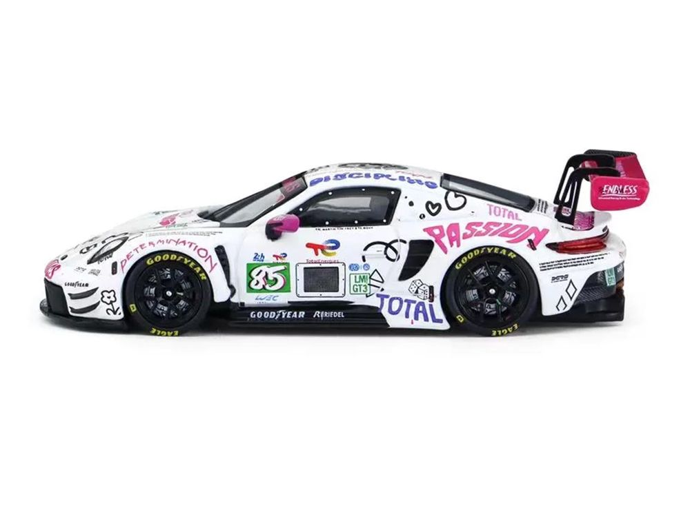 Porsche 911 GT3 R (992) #85 Sarah Bovy - Rahel Frey - Celia Martin "Iron Dames" LMGT3 Class "24 Hours of Le Mans" (2025) 1/64 Diecast Model Car by Trends Hobby view 3