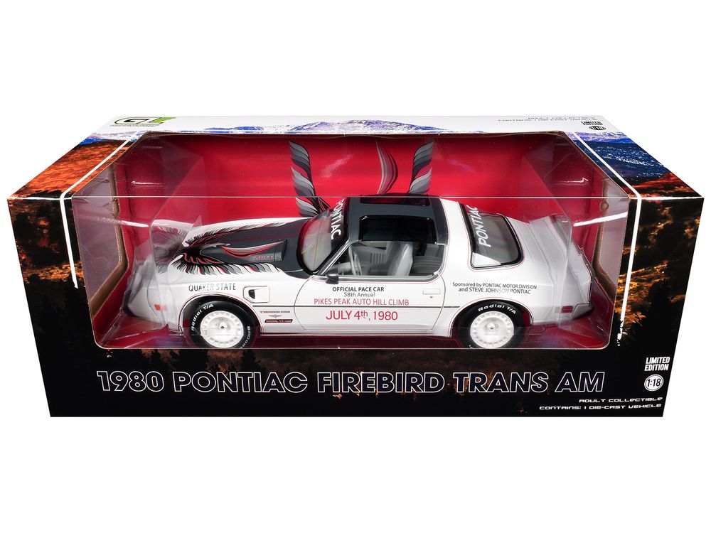 1980 Pontiac Firebird Trans Am "Official Pace Car 58th Annual Pikes Peak Auto Hill Climb" White with Gray T-Top and Graphics 1/18 Diecast Model Car by Greenlight